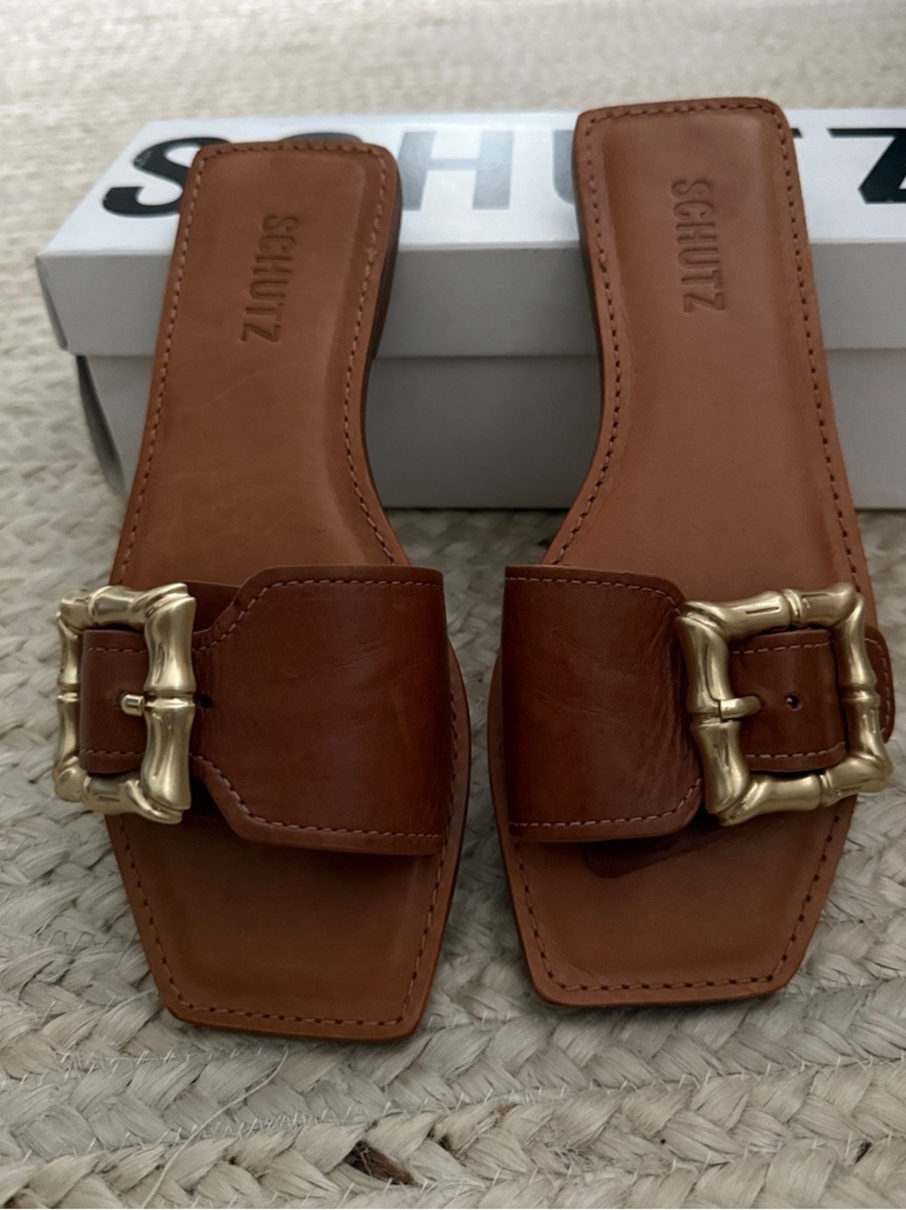 SCHUTZ Brown Leather Slide Sandals with Gold Buckle